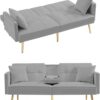 Modern Velvet Upholstered Convertible Folding Futon Sofa Bed Adjustable Recliner Lounge Loveseat Couch Sofacama with Golden Metal Legs, 2 Cup Holders ,Throw Pillows for Living Room Apartment Office