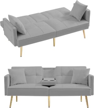 Modern Velvet Upholstered Convertible Folding Futon Sofa Bed Adjustable Recliner Lounge Loveseat Couch Sofacama with Golden Metal Legs, 2 Cup Holders ,Throw Pillows for Living Room Apartment Office