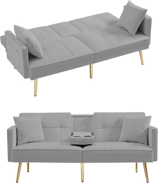 Modern Velvet Upholstered Convertible Folding Futon Sofa Bed Adjustable Recliner Lounge Loveseat Couch Sofacama with Golden Metal Legs, 2 Cup Holders ,Throw Pillows for Living Room Apartment Office
