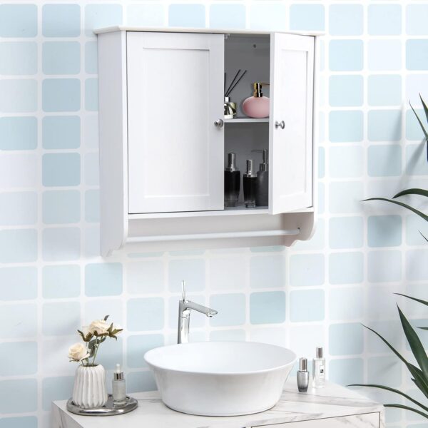 61OcV9pO-JL._AC_SL1500_.jpg Giantex Bathroom Cabinet Wall Mounted - Over The Toilet Medicine Cabinet with Double Doors, Adjustable Shelf and Towels Bar, Above Toilet Storage Cabinet for Bedroom Kitchen Wall Cabinet (White)