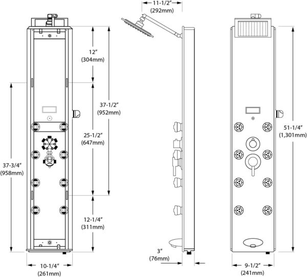 Blue Ocean 52" Aluminum SPA392B Shower Panel Tower System with 8 Adjustable Massage Jets and Rainfall Shower Head & Tub Spout