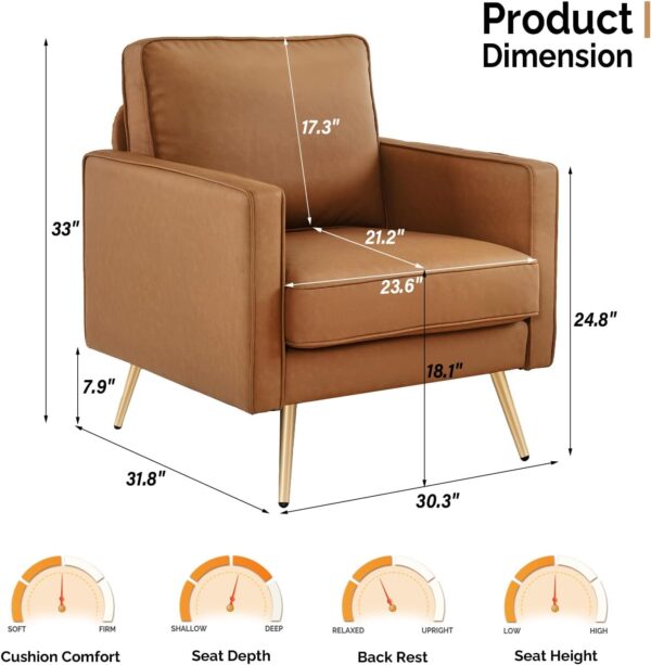 VINGLI Modern PU Leather Accent Chair for Living Room,Bedroom Comfy Chair Arm Chair Reading Chair with Golden Metal Legs and Deep Seat for Office,Apartment,Small Space,Cognac