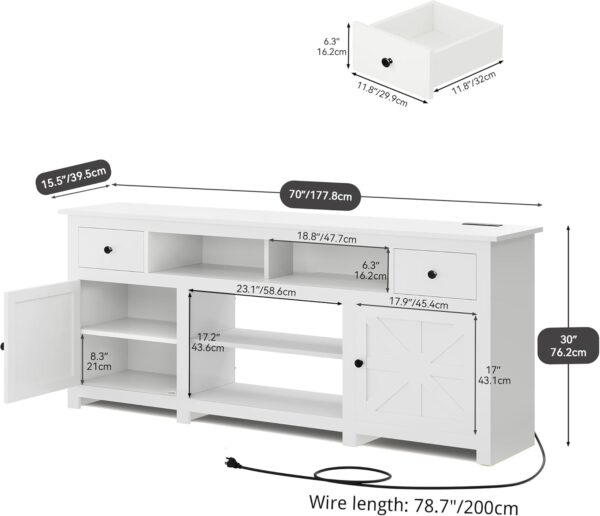 YITAHOME Rustic TV Stand for 75/80 Inch TV, Entertainment Center with Drawers, Cabinets, Adjustable Shelves & Power Outlet, Media Console Living Room Furniture, White 70 x 15.5 x 30 Inches