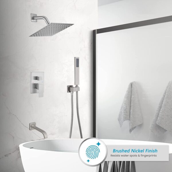 Brushed Nickel Shower System Bathroom Shower Faucet Set with Tub Spout Wall Mounted 8 Inch Shower Head and Handle Set with Handheld 3 Function Tub and Shower Trim Kit with Valve