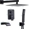 Shower Faucet Set Complete, Shower System Black with 12 inch Square Rainfall Shower Head 3-Function Handheld Shower Waterfall Bathtub Spout Rain Shower Combo Bathroom Wall Mounted fit All Valve Types