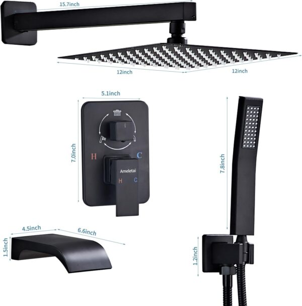 Shower Faucet Set Complete, Shower System Black with 12 inch Square Rainfall Shower Head 3-Function Handheld Shower Waterfall Bathtub Spout Rain Shower Combo Bathroom Wall Mounted fit All Valve Types