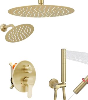 Brushed Gold Dual Shower Heads System: 12" Ceiling Mount Rain & 6" Wall Mounted Rainfall Head and 2 in 1 Handheld Spray, Full Body Faucet Set, 3 Way Diverter Brass Valve with Trim Kit