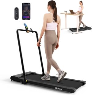 Lichico Walking Pad Under Desk Treadmill，Portable Small Treadmills for Home and Office，Super Quiet Brushless Motorized Walking Jogging Running Machine with Remote Control