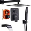 Shower Faucet Set Complete, Shower System Black with 12 inch Square Rainfall Shower Head 3-Function Handheld Shower Waterfall Bathtub Spout Rain Shower Combo Bathroom Wall Mounted fit All Valve Types