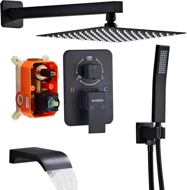 Shower Faucet Set Complete, Shower System Black with 12 inch Square Rainfall Shower Head 3-Function Handheld Shower Waterfall Bathtub Spout Rain Shower Combo Bathroom Wall Mounted fit All Valve Types