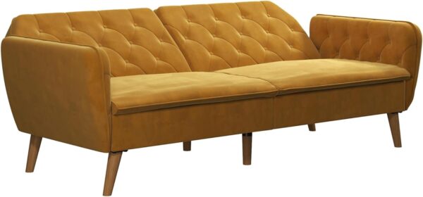 Novogratz Tallulah 83 Inch Futon Sofa Bed in Velvet Fabric, Upholstered Couch Sleeper with Memory Foam and Tufted Back, Mid-Century Modern, Mustard