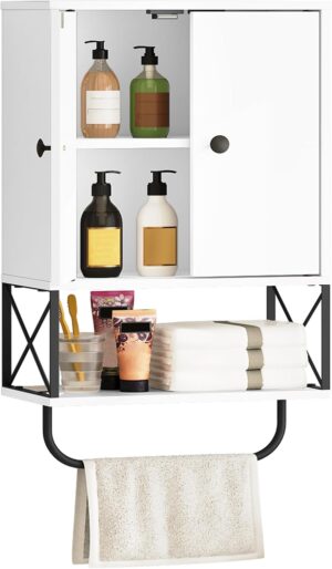 Bathroom Wall Cabinet with 2 Door and Adjustable Shelves, Farmhouse Medicine Cabinet with Towel Rack, 3-Tier Wall Mounted Storage Cabinet Over The Toilet for Bathroom Laundry Room, White