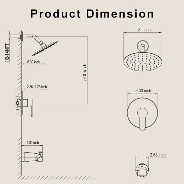 Tub Shower Faucet, Brushed Gold Shower Faucet Set with 8-Inch All-Metal Rainfall Showerhead and Bathtub Spout, Single-Handle Tub Shower-Trim Kit Included Valve, Brushed Gold