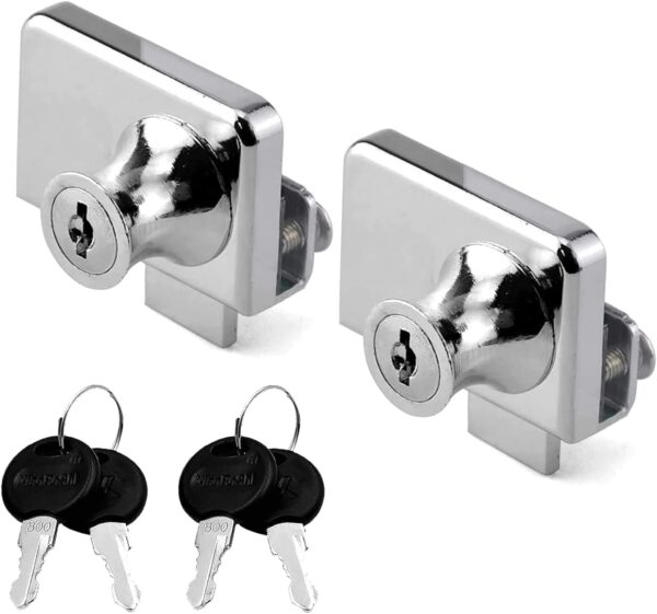 Showcase Lock Stainless Steel No Drill Glass Door Lock Display Cabinet Double Door Lock with Key for 0.21inch -0.31inch Glass Door(keyed Alike) (Silver, 409-2PCS)