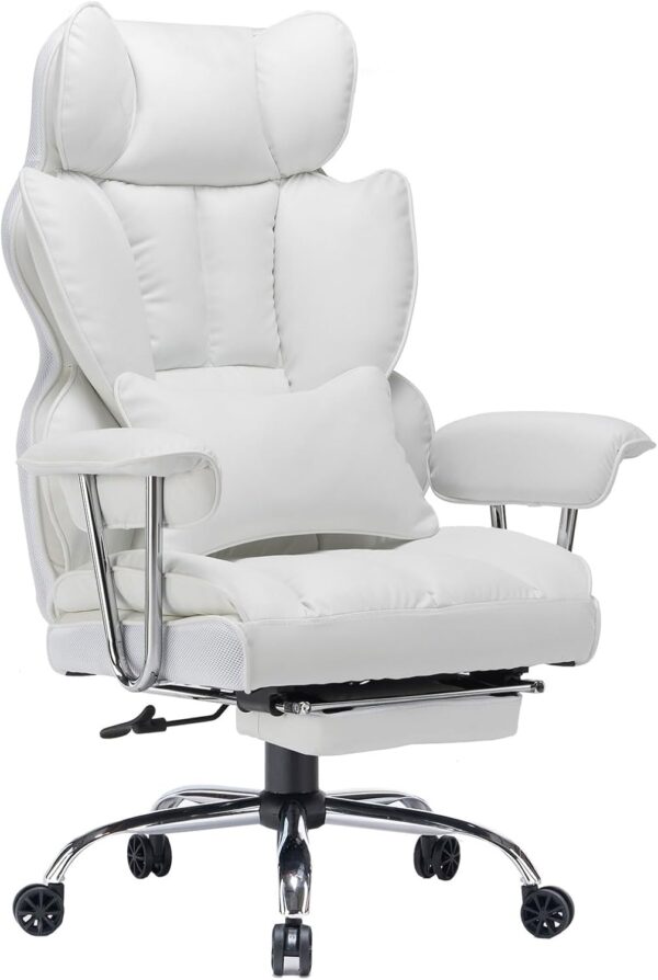 Efomao Desk Office Chair,Big High Back PU Leather Computer Chair,Managerial Executive Swivel Chair with Leg Rest and Lumbar Support,White Office Chair
