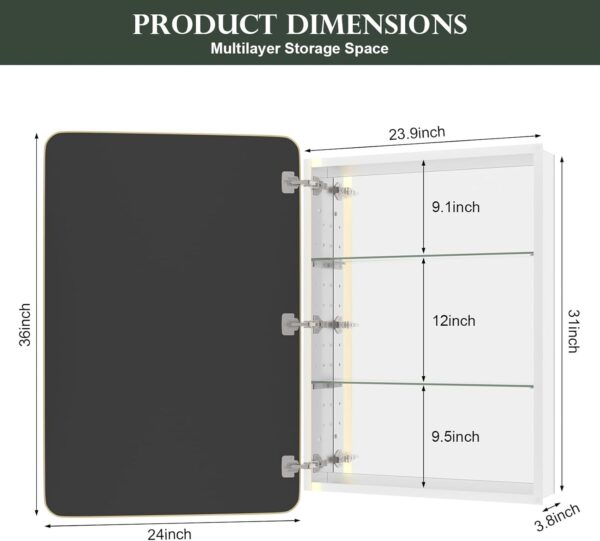 WallBeyond WallByond Bathroom Medicine Cabinet with Mirror, 24x36 Inch Gold Recessed Medicine Cabinet with Round Corner Aluminum Alloy Metal Framed, Single Door Modern MedicineMabinet with Storage