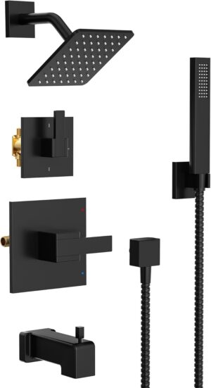 ESNBIA Bathtub Shower System with Tub Spout, Black Shower Faucet Set with 6" Rain Shower Heads, High Pressure Shower Head Set, Wall Mount Shower Fixtures with 3-Way Shower Diverter, Matte Black