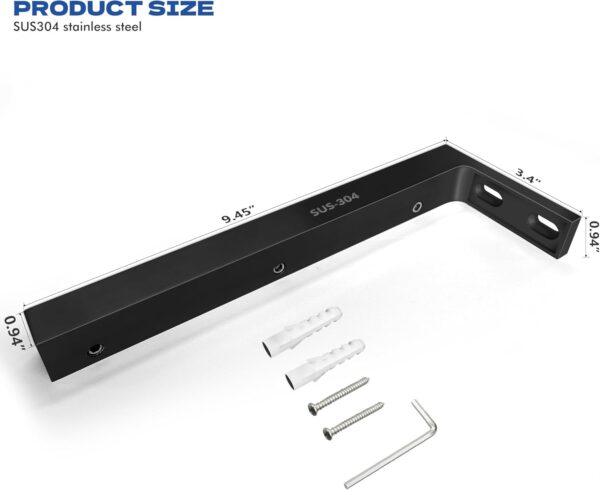 Shower Door Support Bracket, Stainless Steel Stabilizer Brace for 1/4"(6mm) 5/19"(8mm) 1/2"(10mm) Framless Shower Glass Door, 9.45 Inch Long, 3.4 Inch Right Bar, Matte Black