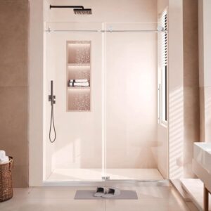 Shower Door, Sliding Shower Door with Explosion-Proof Film Clear Glass, Frameless Tempered Glass Shower Door with Stainless Steel Handle & Waterproof Seal Strip Parts