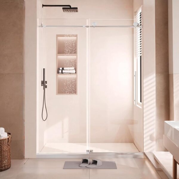 Shower Door, Sliding Shower Door with Explosion-Proof Film Clear Glass, Frameless Tempered Glass Shower Door with Stainless Steel Handle & Waterproof Seal Strip Parts
