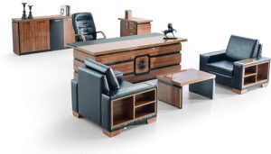 79" Wood Office Furniture Set of 4pcs | Executive Desk w/Leather Pad | File Drawers w/Telescopic Rail | Large Storage Cabinet w/Chrome Handles | Coffee Table | Sturdy Modern Home Workstation