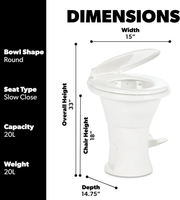 Dometic 310 Standard Toilet - White, Oblong Shape, Lightweight and Efficient with Pressure-Enhanced PowerFlush and Slow Close Seat Cover - Perfect for Modern RVs