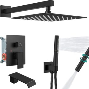 Aolemi 10 Inch Rainfall Shower Tub Faucet Set Wall Mount,Tub and Shower Faucet Combo,Shower System,with 2 in 1 Handheld Sprayer,Rough-in Valve,with Curved Spout,Matte Black