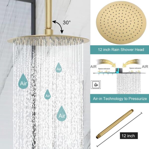Brushed Gold Dual Shower Heads System: 12" Ceiling Mount Rain & 6" Wall Mounted Rainfall Head and 2 in 1 Handheld Spray, Full Body Faucet Set, 3 Way Diverter Brass Valve with Trim Kit