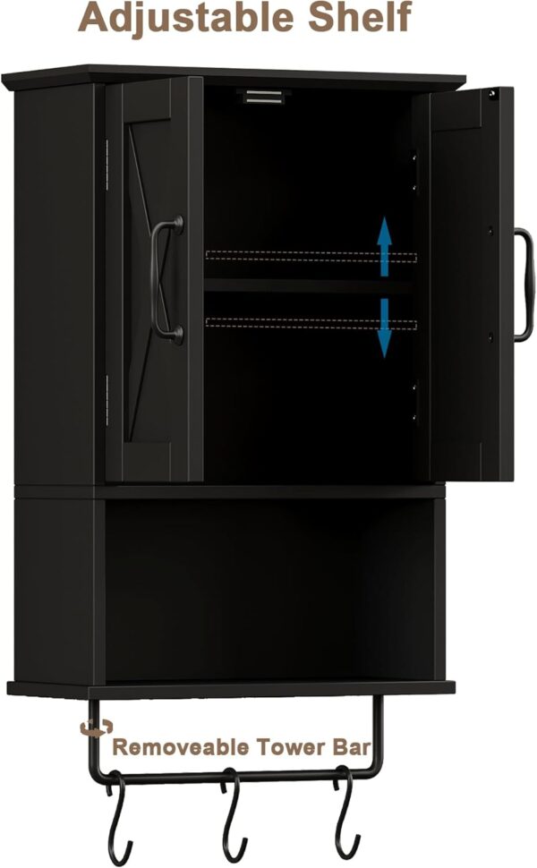 ChooChoo Farmhouse Medicine Cabinet, Bathroom Wall Cabinet with Adjustable Shelf, Towel Bar, 3 Hooks, Over The Toilet Storage Cabinet for Bathroom, Kitchen, Black