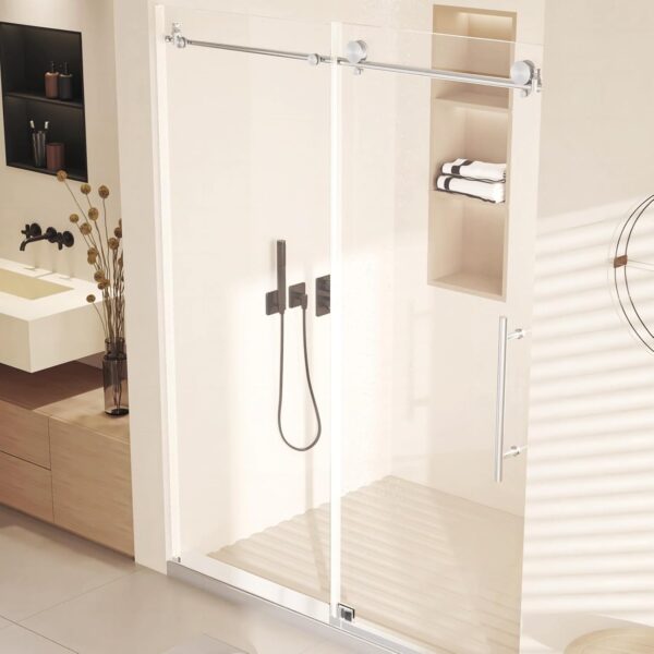 Shower Door, Sliding Shower Door with Explosion-Proof Film Clear Glass, Frameless Tempered Glass Shower Door with Stainless Steel Handle & Waterproof Seal Strip Parts