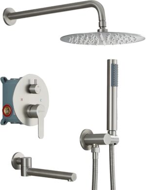 DASAN Tub Shower Faucets Sets Complete Bathtub Faucet Set Brushed Nickel Bathtub Shower System with Tub Spout, Bathroom Tub and Shower Faucet Combo Trim Kit with Rough-in Valve, DA-SS03BN-R10W