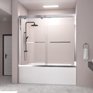 DELAVIN 56-59 in. W x 59 in. H Semi-Frameless Double Sliding Tub Shower Door, Water Repellent Bathtub Door, SGCC Tempered Bathtub Glass Door with Explosion-Proof Film, Stainless Steel Hardware