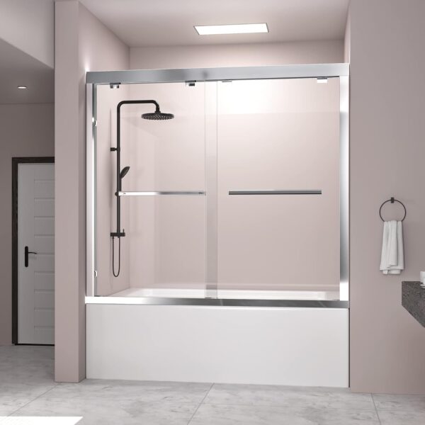 DELAVIN 56-59 in. W x 59 in. H Semi-Frameless Double Sliding Tub Shower Door, Water Repellent Bathtub Door, SGCC Tempered Bathtub Glass Door with Explosion-Proof Film, Stainless Steel Hardware