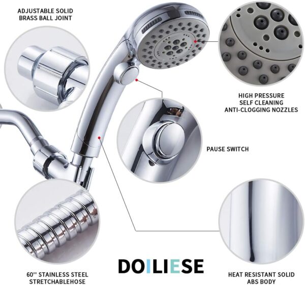 High Pressure 6 Setting Shower Head Hand-Held with ON/OFF Switch and Spa Spray Mode - Hand Held Shower Head with Handheld Spray - Shower Head with Hose - Chrome