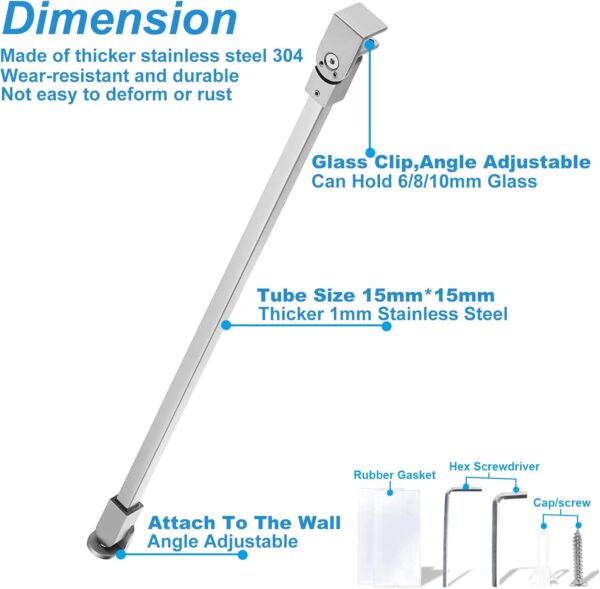 Stainless Steel Frameless Shower Door Fixed Panel Wall to Glass Support Bar for 1/4" to 3/8" Thick Glass by KAFENDA (500mm / 19.7", Polished Chrome)