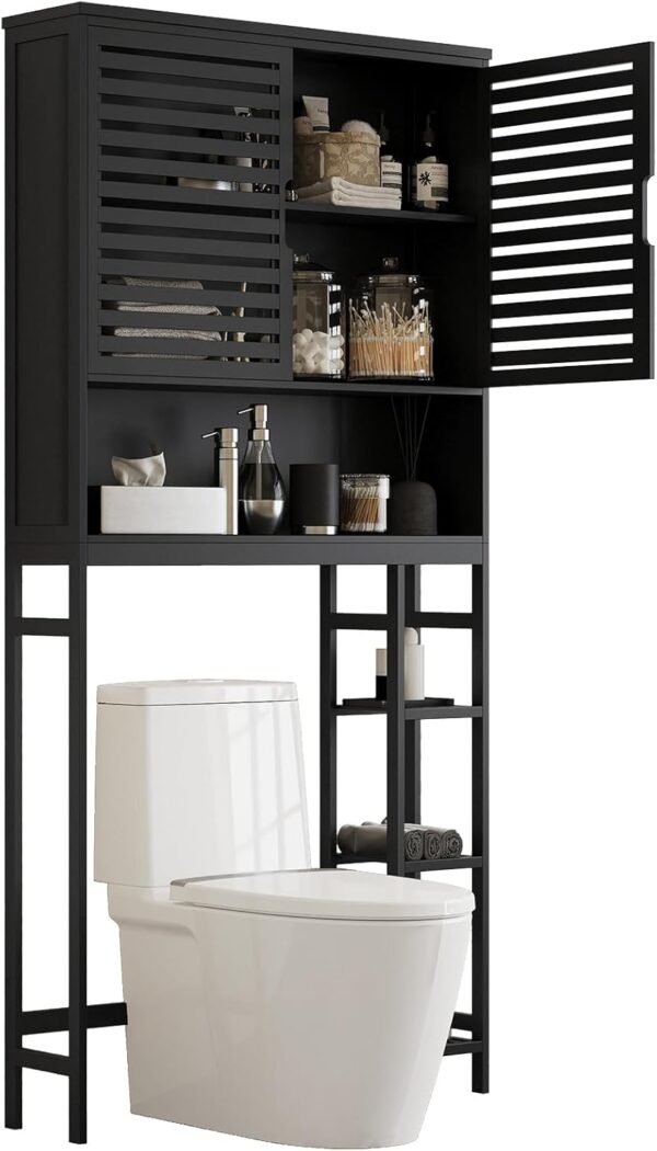 Over The Toilet Storage Cabinet, Bamboo Bathroom Cabinet with Adjustable Inside Shelf and Open Shelves, Freestanding Space-Saving Toilet Rack with Anti-Tip Design for Bathroom, Laundry, Black