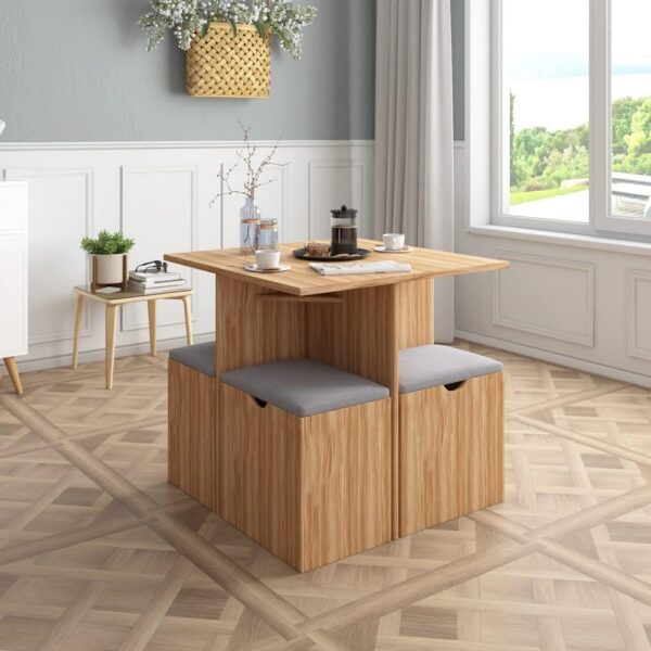 5-Piece Dining Table Set, Small Kitchen Table Set with 4 Stools Compact Space-Saving for Dining Room Kitchen Modern (Red Oak and Grey)