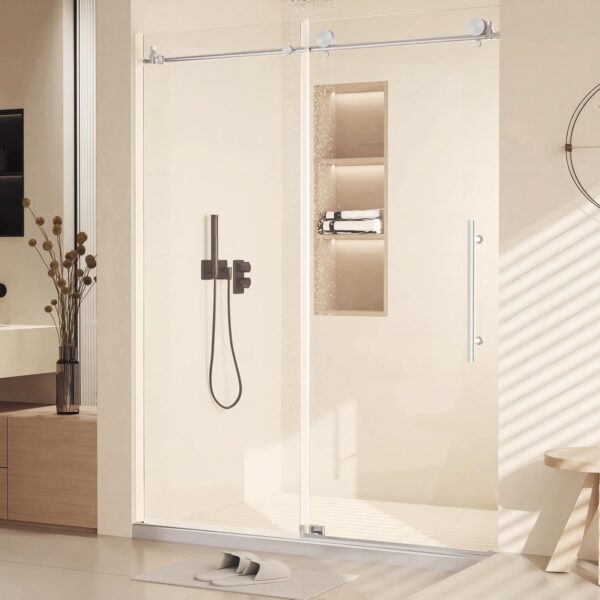 Shower Door, Sliding Shower Door with Explosion-Proof Film Clear Glass, Frameless Tempered Glass Shower Door with Stainless Steel Handle & Waterproof Seal Strip Parts