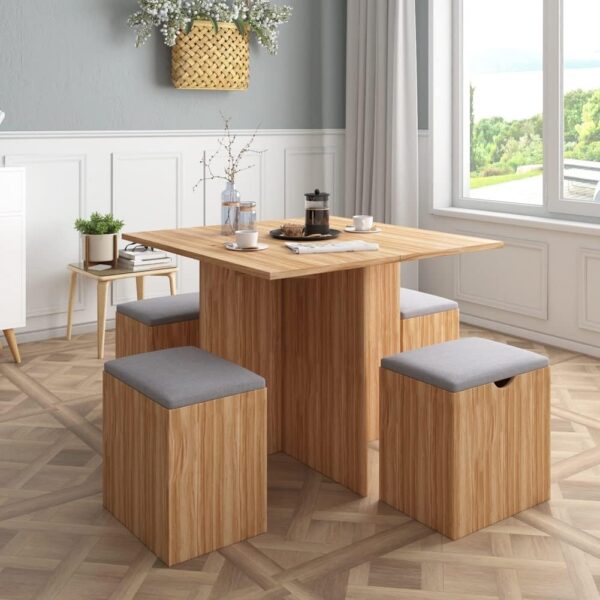 5-Piece Dining Table Set, Small Kitchen Table Set with 4 Stools Compact Space-Saving for Dining Room Kitchen Modern (Red Oak and Grey)