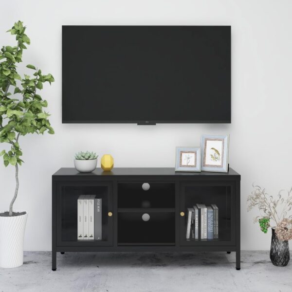 TV Stand Black 41.3"x13.8"x20.5" Steel and Glass,Modern TV Stand with Glass Doors and Adjustable Shelf for TVs up to 43 Inches Furniture for TV & Media, Entertainment Centers