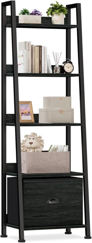 Furologee 5-Tier Ladder Shelf, Narrow Ladder Bookshelf with Drawer, 55.6”Tall Industrial Bookcase Storage Rack Organizer, Freestanding Storage Shelve for Living Room, Home Office, Bedroom, Black Oak