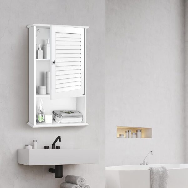 COSTWAY Bathroom Wall Cabinet, Large Capacity Storage Cabinet w/Single Louver Door & Height Adjustable Shelf, Wood Wall Mounted Medicine Cabinet for Bathroom, Living Room, Kitchen (White)