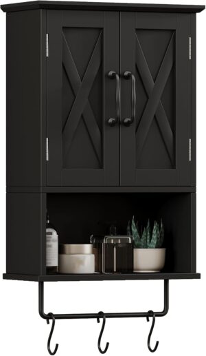 ChooChoo Farmhouse Medicine Cabinet, Bathroom Wall Cabinet with Adjustable Shelf, Towel Bar, 3 Hooks, Over The Toilet Storage Cabinet for Bathroom, Kitchen, Black