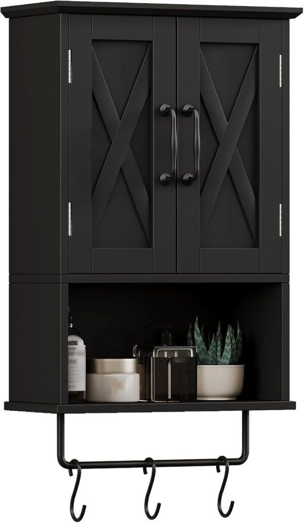 ChooChoo Farmhouse Medicine Cabinet, Bathroom Wall Cabinet with Adjustable Shelf, Towel Bar, 3 Hooks, Over The Toilet Storage Cabinet for Bathroom, Kitchen, Black