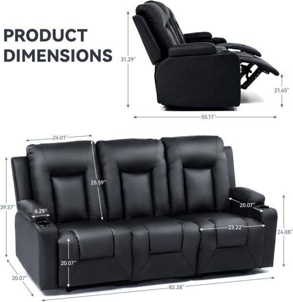 COMHOMA Living Room Furniture Set, Bonded Leather Loveseat Sofa with Cup Holder Recliner Chair, 3+2, Black
