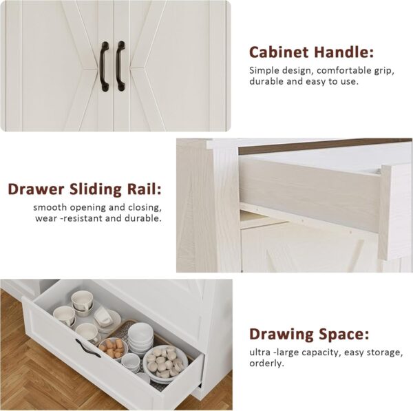 Modern Kitchen Pantry Cabinet with Microwave Stand, Tall Hutch Bar Cabinet with Drawers & Adjustable Shelves, Large Wood Storage Cabinet for Dining Room, Living Room, White