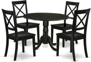 East West Furniture DLBO5-BLK-W 5 Piece Dinette Set for 4 Includes a Round Dining Room Table with Dropleaf and 4 Kitchen Dining Chairs, 42x42 Inch, Black
