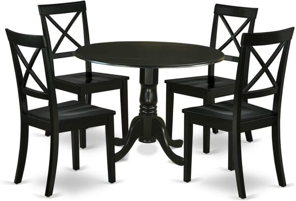 East West Furniture DLBO5-BLK-W 5 Piece Dinette Set for 4 Includes a Round Dining Room Table with Dropleaf and 4 Kitchen Dining Chairs, 42x42 Inch, Black