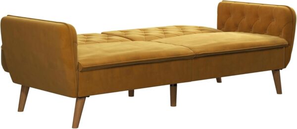 Novogratz Tallulah 83 Inch Futon Sofa Bed in Velvet Fabric, Upholstered Couch Sleeper with Memory Foam and Tufted Back, Mid-Century Modern, Mustard
