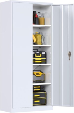 Metal Cabinet,Garage Storage Cabinet with 4 Adjustable Shelves,71”Steel Garage Cabinet,Locking Tool Cabinets for Garage,Home,Office,Gym,School(White)